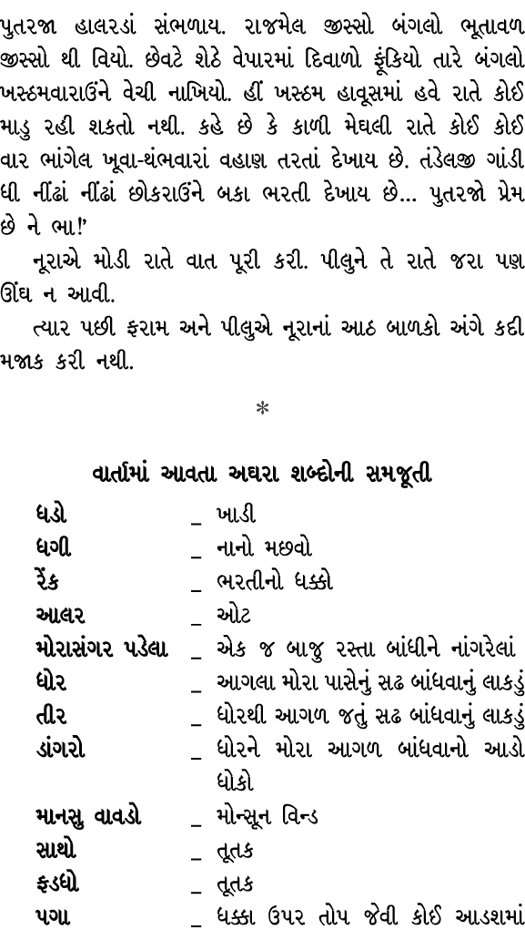 પુતરજા હાલરડાં સંભળાય. રાજમેલ જીસ્સો બંગલો ભૂતાવળ જીસ્સો થી વિયો. છેવટે શેઠે વેપારમાં દિવાળો ફૂંકિયો તારે બંગલો ખસ્ઠમ...