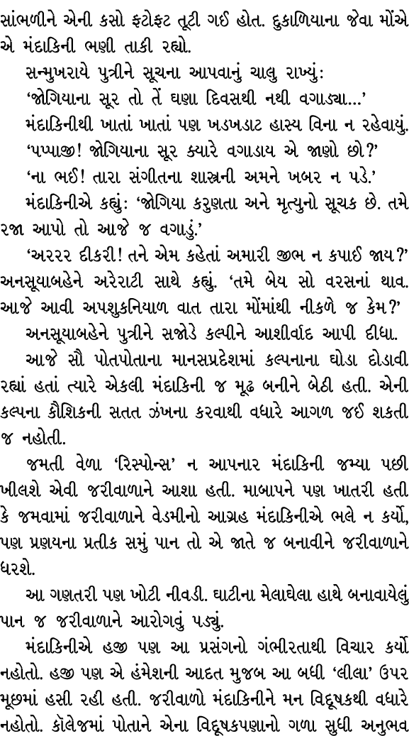 સાંભળીને એની કસો ફટોફટ તૂટી ગઈ હોત. દુકાળિયાના જેવા મોંએ એ મંદાકિની ભણી તાકી રહ્યો. સન્મુખરાયે પુત્રીને સૂચના આપવાનું...