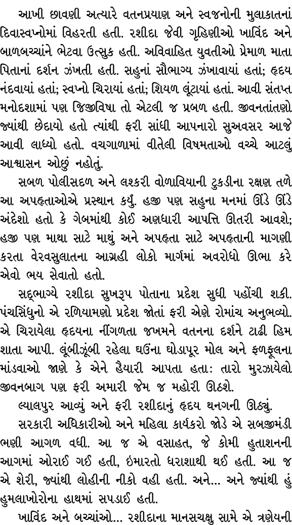 આખી છાવણી અત્યારે વતનપ્રયાણ અને સ્વજનોની મુલાકાતનાં દિવાસ્વપ્નોમાં વિહરતી હતી. રશીદા જેવી ગૃહિણીઓ ખાવિંદ અને બાળબચ્ચા...