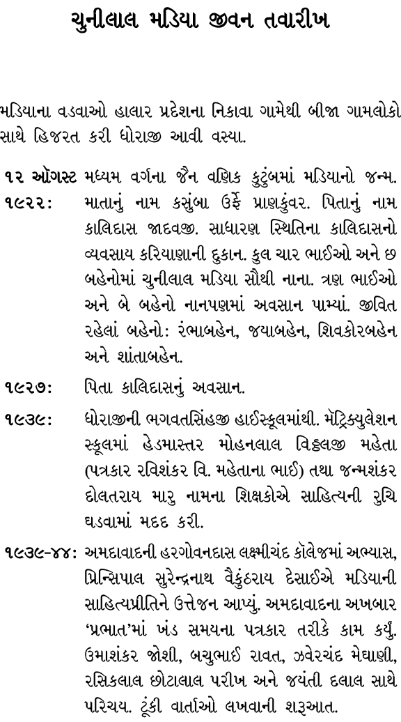 ચુનીલાલ મડિયા જીવન તવારીખ મડિયાના વડવાઓ હાલાર પ્રદેશના નિકાવા ગામેથી બીજા ગામલોકો સાથે હિજરત કરી ધોરાજી આવી વસ્યા. 