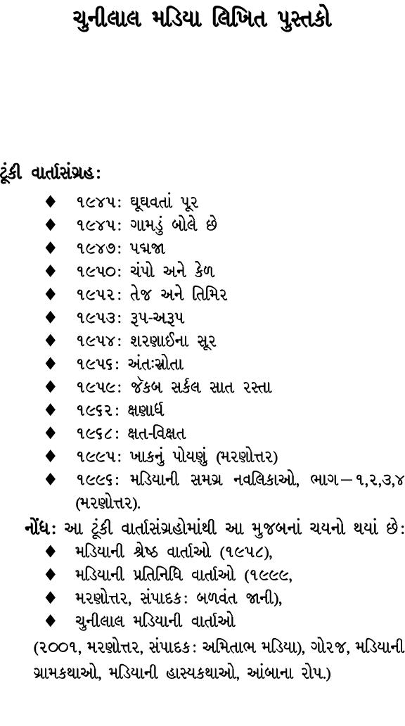 ચુનીલાલ મડિયા લિખિત પુસ્તકો ટૂંકી વાર્તાસંગ્રહ : ♦ ૧૯૪૫ : ઘૂઘવતાં પૂર ♦ ૧૯૪૫ : ગામડું બોલે છે ♦ ૧૯૪૭ : પદ્મજા ♦ ૧૯૫૦ ...