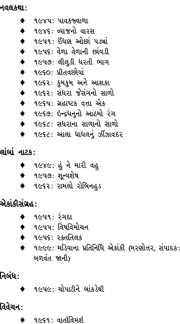 નવલકથા : ♦ ૧૯૪૫ : પાવકજ્વાળા ♦ ૧૯૪૬ : વ્યાજનો વારસ ♦ ૧૯૫૧ : ઈંધણ ઓછાં પડ્યાં ♦ ૧૯૫૬ : વેળા વેળાની છાંયડી ♦ ૧૯૫૭ : લીલ...