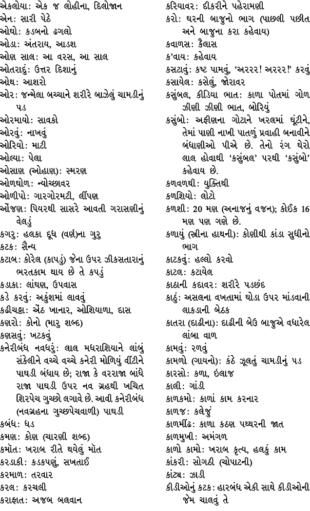 એકલોયા : એક જ લોહીના, દિલોજાન એન : સારી પેઠે ઓઘો : કડબનો ઢગલો ઓડા : અંતરાય, આડશ ઓણ સાલ : આ વરસ, આ સાલ ઓતરાદું : ઉત્તર...