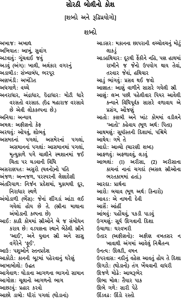 સોરઠી બોલીનો કોશ [શબ્દો અને રૂઢિપ્રયોગો] શબ્દો અખાજ : અખાદ્ય અખિયાત : આખું, સુવાંગ અટવાવું : ગૂંચવાઈ જવું અડવું (અંગ)...