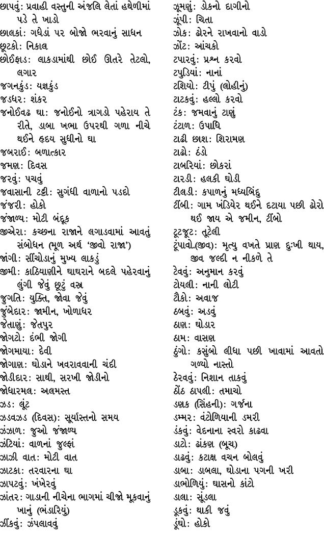 છાપવું : પ્રવાહી વસ્તુની અંજલિ લેતાં હથેળીમાં પડે તે ખાડો છાલકાં : ગધેડાં પર બોજો ભરવાનું સાધન છૂટકો : નિકાલ છોઈફાડ :...