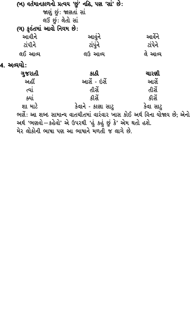 (ખ) વર્તમાનકાળનો પ્રત્યય ‘છું’ નહિ, પણ ‘સાં’ છે : જાણું છું : જાણતાં સાં લઉં છું : લેતો સાં (ગ) કૃદંતમાં આવો નિયમ છે ...